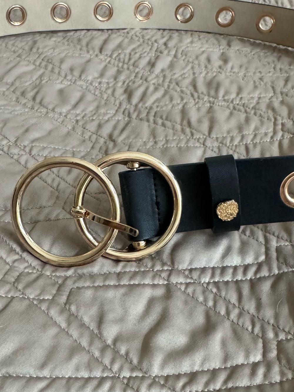 Vince Camuto Black Belt with Gold Double Ring Buckle and Grommets - Picture 2 of 6